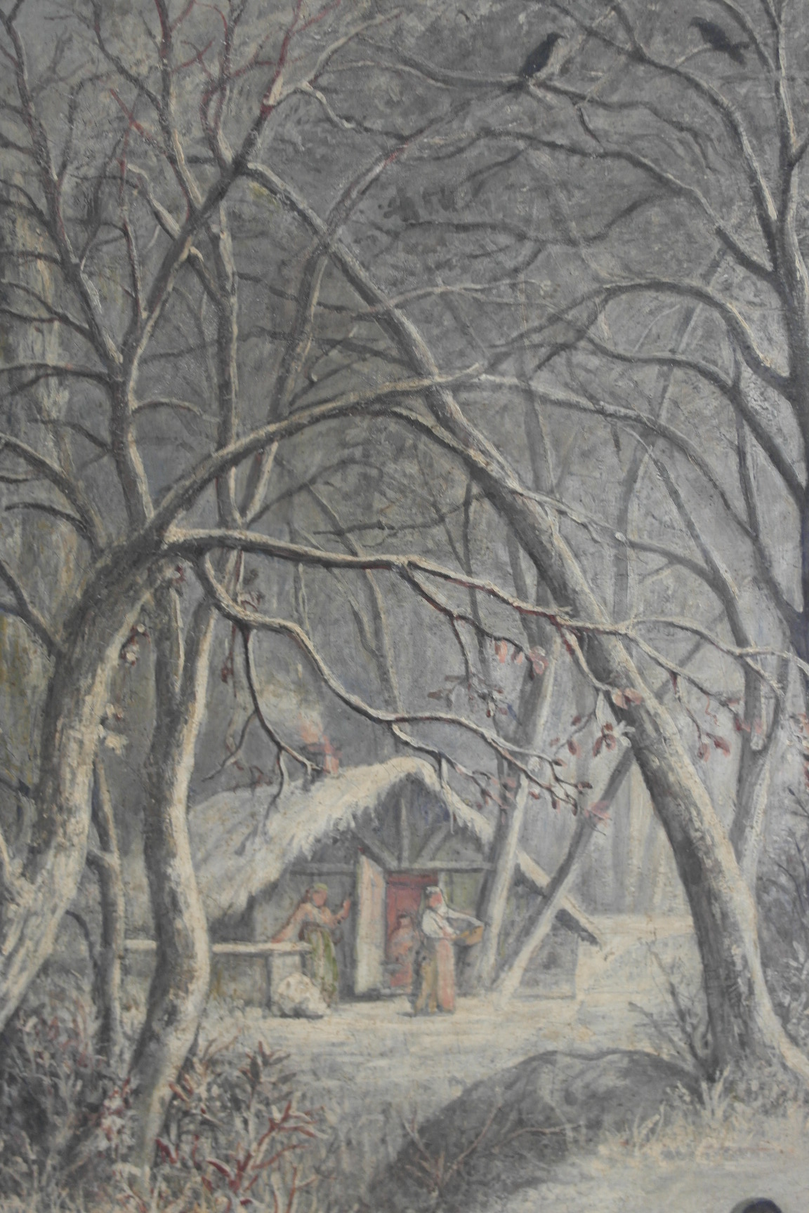 Continental School (19th century): A large oil on canvas depicting figures in a winter wooded - Image 7 of 7