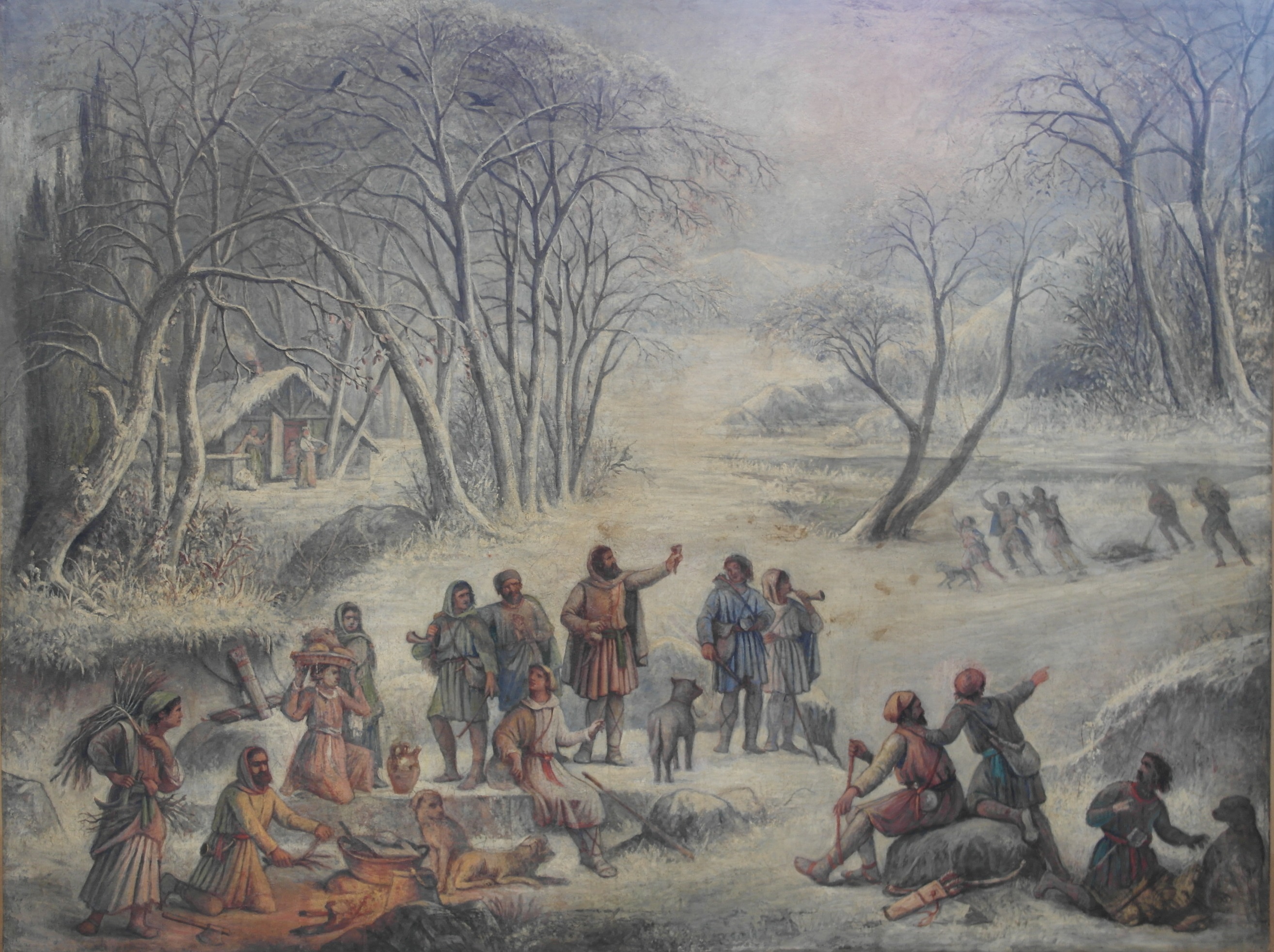 Continental School (19th century): A large oil on canvas depicting figures in a winter wooded