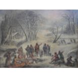 Continental School (19th century): A large oil on canvas depicting figures in a winter wooded