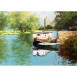 John Haskins (British, b. 1938):
Hemingford Grey, River Ouse, acrylic on board, signed lower