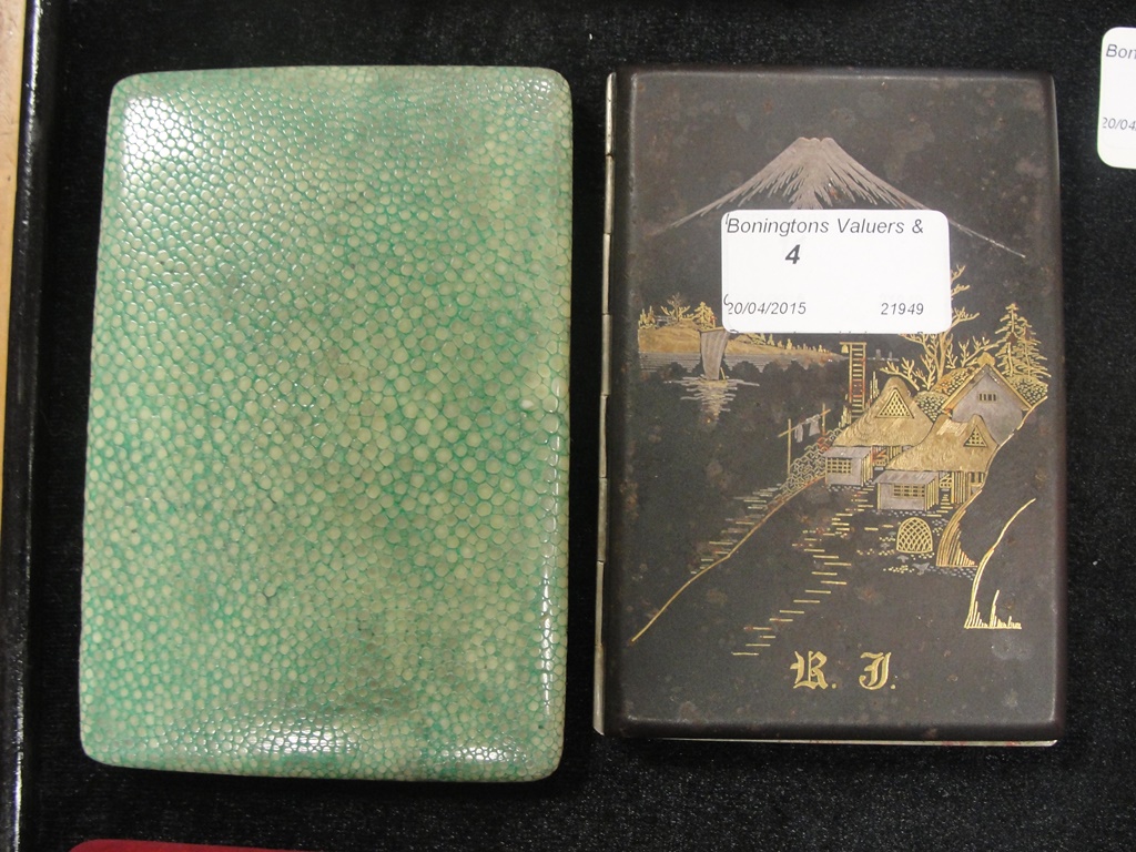 A cigarette case with shagreen cover, c1930; together with an Oriental example - Image 2 of 2