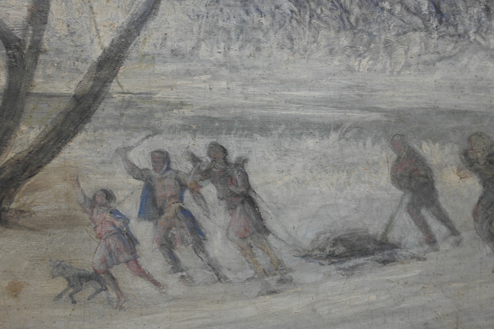 Continental School (19th century): A large oil on canvas depicting figures in a winter wooded - Image 6 of 7