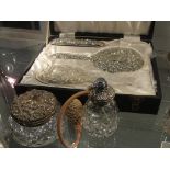 A boxed HM silver dressing table set to inc powder pot and perfume spray