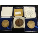 Three cased medallions to inc a Crystal Palace Centenary Commemoration G F Handel bronze