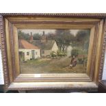 A 19th century landscape oil on canvas depicting figures before a farm house,