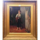 John Wells Smith (British, fl. 1870-75):
A young boy carrying his coat and boots within an interior,