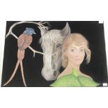 A painting on felt depicting a woman, horse and bird in the Surrealist style,