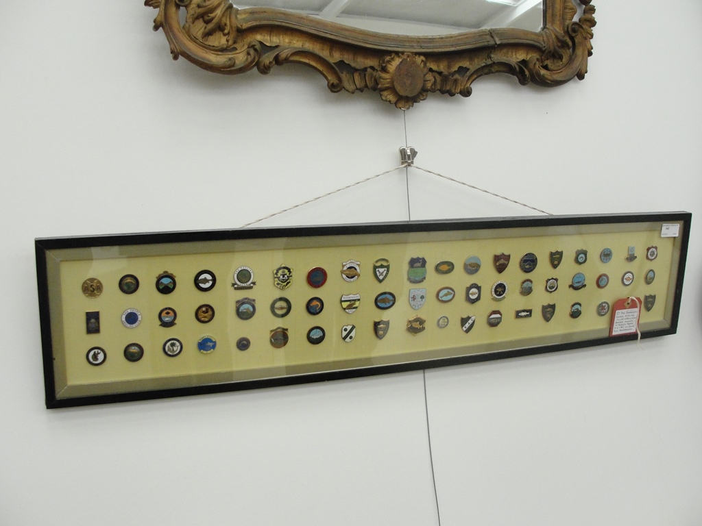 57 framed vintage enamel fishing badges