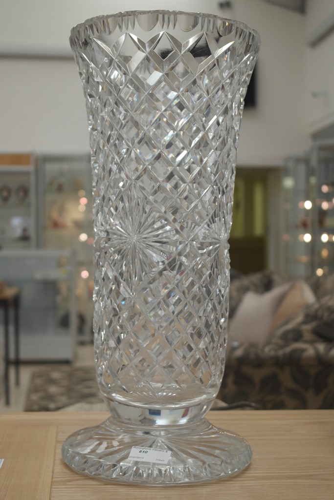A large Victorian 44cm crystal vase with moon and stardust decoration