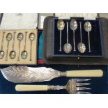 Cased fish knifes and forks, cased silver coffee spoons,