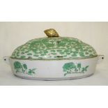 A Large 18th Century Chinese Export Green Glazed Food Warmer with Lid:
of oval shape with floral