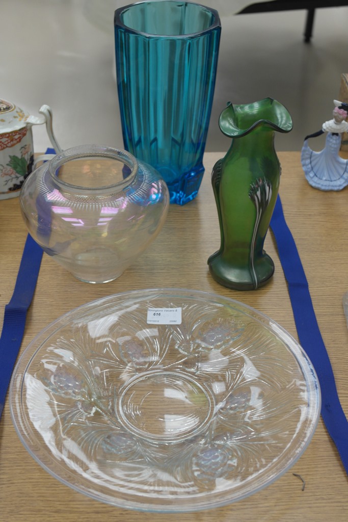 A Lalique style moulded glass dish; iridescent bowl; Czech green vase;