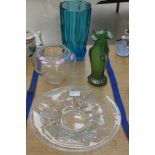 A Lalique style moulded glass dish; iridescent bowl; Czech green vase;