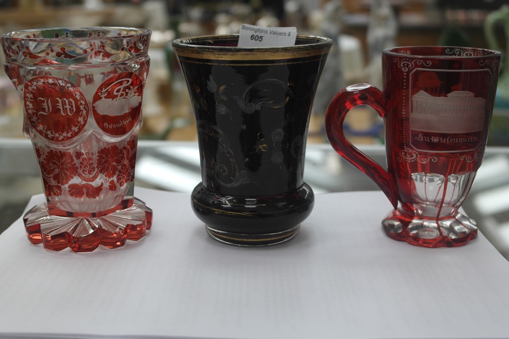 Three 19th century German glass goblets;