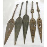 Five South Pacific Ceremonial Paddle spears
With Zig-Zag decoration & archway/house finials,