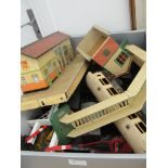 A box of 0 gauge to inc. Bowman & Hornby locomotives, rolling stock, platforms, bridges etc.