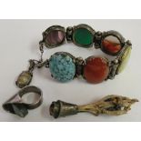 A vintage stone bracelet, bantam foot brooch and moss agate silver dress ring from Denmark.