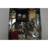 Box of jewellery and military badges to include sweetheart brooches and watches seiko 5 etc.