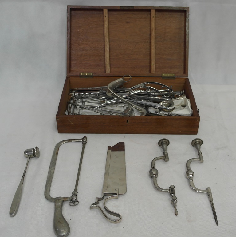 A large box of surgical instruments to inc saws, drills,