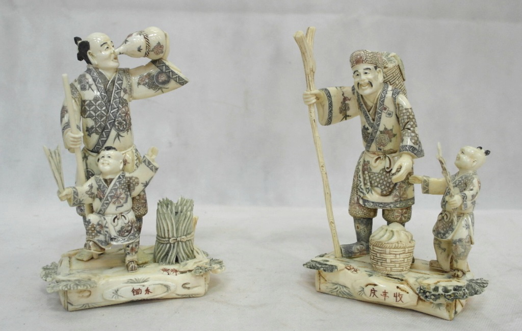 A pair of Japanese hand-carved  figural groups