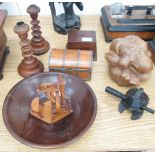 A collection of treen to inc a lignum vitae bowl;