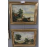 Four pictures to include a pair of river landscapes and a pair of signed miniature coastal