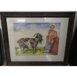 English School (20th century): A figure with a goat, watercolour,