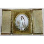 A 19th century German hand-painted miniature plaque depicting a lady carrying wheat,
