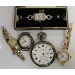 Two Trench watches; together with a silver pocket watch,