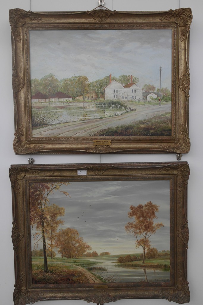 Thomas Kennedy (20th century): A pair of oil on canvas, 'Carroll's Farm' & 'The River Lea',