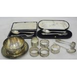 Silver cased spoon and fork sets; together with napkin rings, bowl,