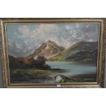 An oil on canvas depicting an extensive highland lake landscape,