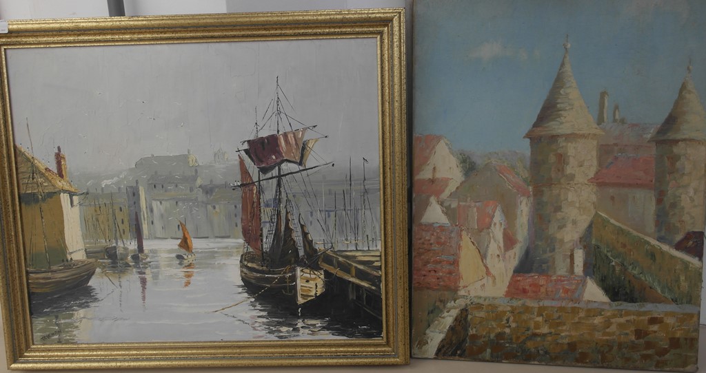 Continental School (20th century): Two pictures to include a harbour scene & town study