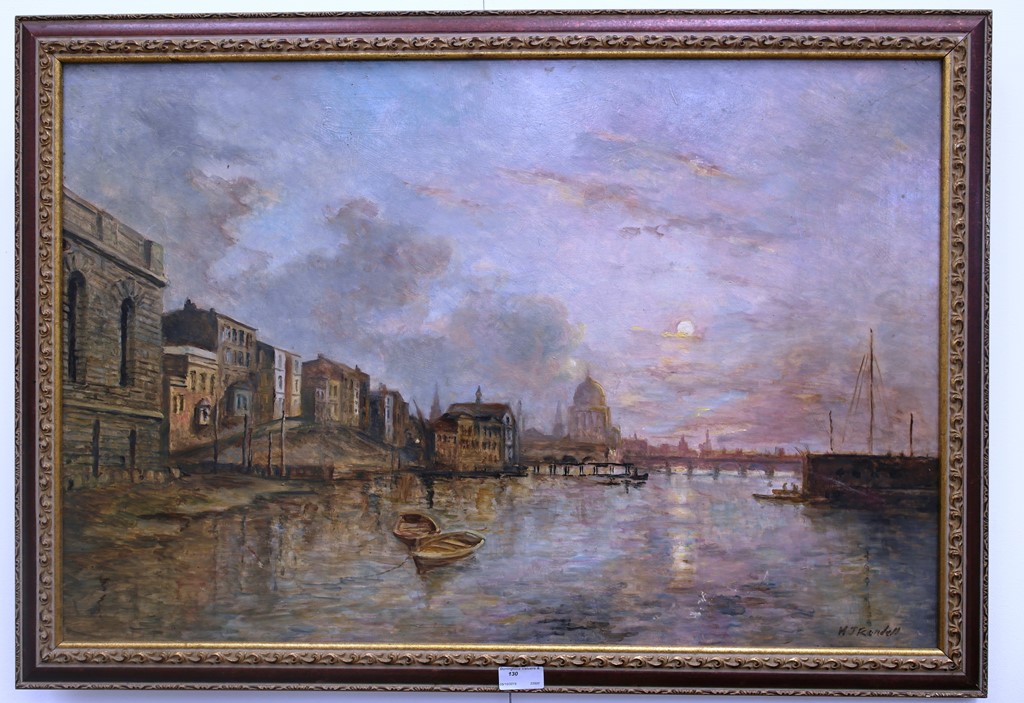 M J Rendell (20th century): the River Thames at sunset, oil on board, signed,