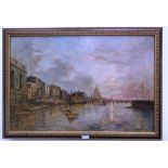 M J Rendell (20th century): the River Thames at sunset, oil on board, signed,