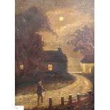 A 19th century oil on canvas depicting a figure in a moonlit street,