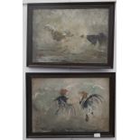 Oriental School (19th/20th Century): A pair of oils on board depicting cock fighting scenes,