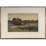 J E Judd Goodall framed watercolour depicting a duck pond, signed. Image size 27.5 45cm