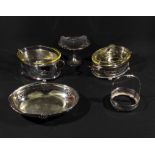 Two silver plated tureen holders with glass inserts together with three other silver plated items