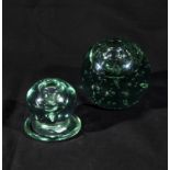 Two antique green dump glass inkwells