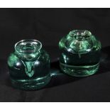 Two antique green dump glass inkwells