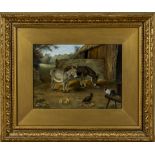 A gilt framed oil painting on panel depicting two donkeys in a farm yard, signed. image size 22cm