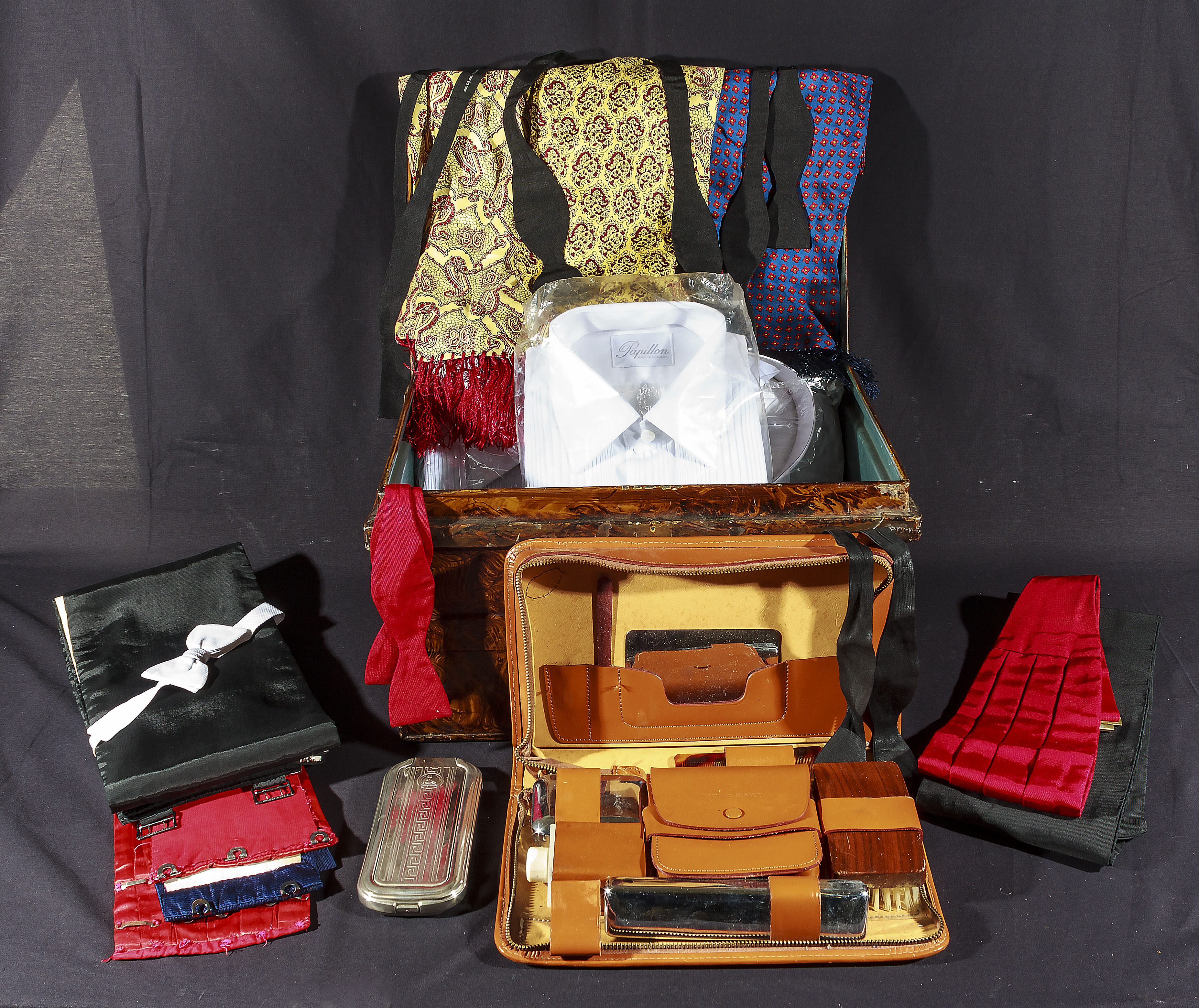 A men's leather dressing case, Rolls Razor, cummerbunds, cravats and other vintage men's wear