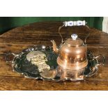 A silver plated tray, copper kettle and one other