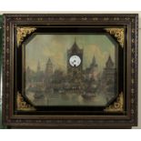 A framed diorama depicting a continental harbour scene incorporating a musical clock. 59cm x 70cm