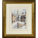 Fred Stott, a small gilt framed watercolour of a winter Berwick street, signed.