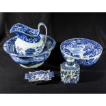 Five pieces of blue and white transfer printed Spode including two bowls, a jug, bon bon dish and