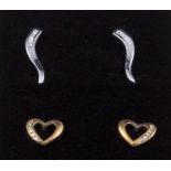 A pair of 9ct white gold 10pt diamond set earrings together with 9ct gold 10pt diamond set heart