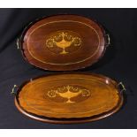 A matched pair of Edwardian inlaid mahogany trays with brass handles