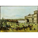 An unframed 19th century oil on canvas depicting an Italian Piazza scene